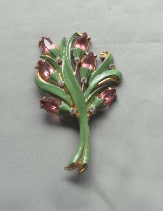 Vintage Art Deco Enamel & Rhinestone Gold Tone Pot Metal Flower Brooch