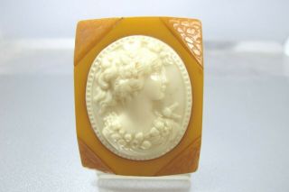Vtg Butterscotch Bakelite Molded Celluloid Cameo Brooch Pin Large 1920 