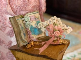 Vintage Miniature Dollhouse Artisan Victorian Lace Fan & Leather Fashion Book