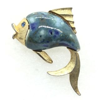 Signed Jj Vintage Fish Brooch Pin Ceramic Jelly Belly Rhinestone Costume Jewelry