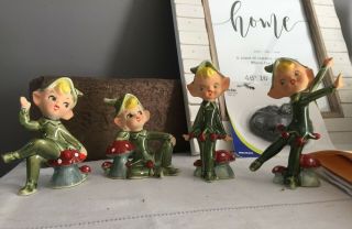 Vintage Lefton Figure Set Of 4 Pixie Elf Elves With Mushrooms Christmas Decor