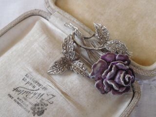 Pretty Vintage 1950s Marcasite Purple Enamel Rose Flower Brooch