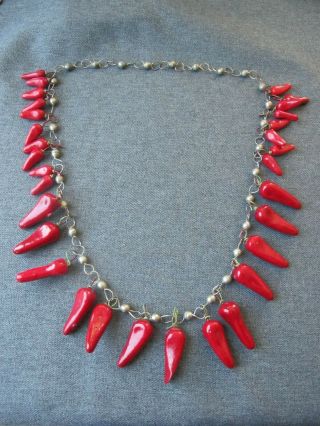 Vintage Ethnic Lacquered Real Miniature Chilli Peppers Dangles Silvered Necklace
