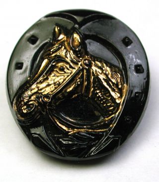 Vintage Glass Button Black Horse Head & Shoe Design W/ Gold Luster 11/16 "