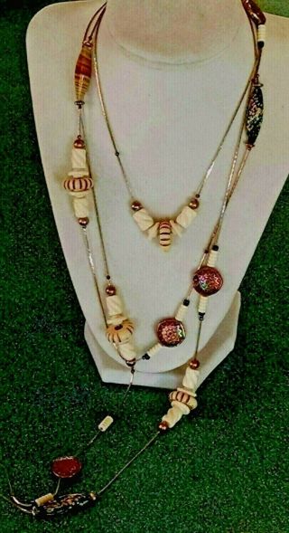 Vtg Rare Copper Aztec Sun,  Tribal & Oblong Murano Art Glass Beads Necklace 73 "