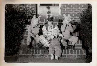Vintage Photo Snapshot Kids Halloween Costumes Masks Bunny & Clown 1950s