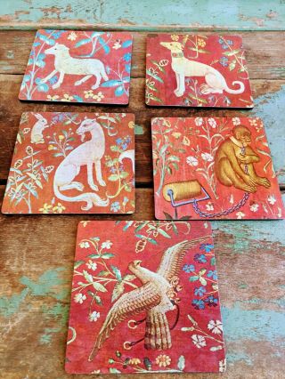 Vintage Tapestry Coaster Set Mythical Animals Bird Monkey Dog Sheep Red