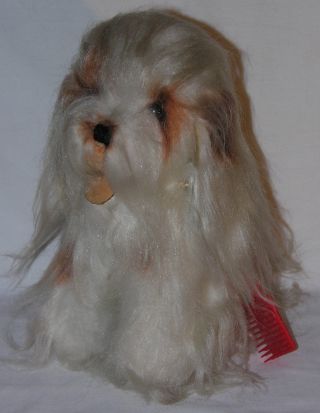 Vintage 1960s Dakin Japan Lhasa Apso Plush Dog Stuffed Toy 12 " Tall White/brown
