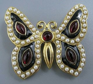 Vintage Jewelry Signed Monet Red White Blue Butterfly Brooch Pin Rhinestone Lote