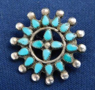 Zuni Sterling 18 Needlepoint Turquoise Handmade Vintage Round Pin