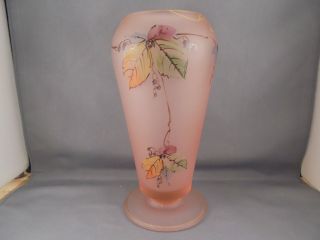 Vintage Tiffin Glass Pink Satin Cupped Vase W Hp Leaf Berry Decor & Gold Trim
