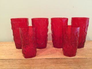 Vintage Morgantown Driftwood Crinkle Glass Red - 4 Tumblers & 2 Juice Glasses