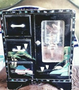 Japanese Vintage Black Lacquer Jewelry Box Music Box twirling Ballerina 3