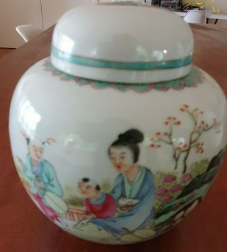 Antique Vintage Asian Oriental Ginger Jar Hand Painted Family In Garden Signed