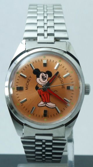 Vintage Orange Micky Mouse Dial 17 Jewels " Fhf St - 96 " Hand Winding Luxury Watch