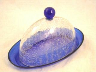 Cobalt Blue Crackle Glass Dome Butter Dish With Lid Oval Vintage Style