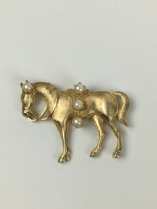 Vintage Signed Marino Gold Tone Horse Brooch With Pearls Signed Jewelry Pin
