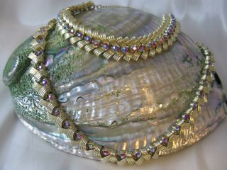 Vtg Coro Purple & Pink Ab Rhinestone Necklace & Bracelet Demi Parure Set