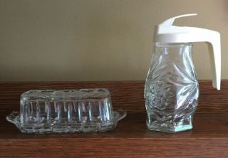 Vintage Cut Clear Glass Butter Dish And Syrup Dispenser