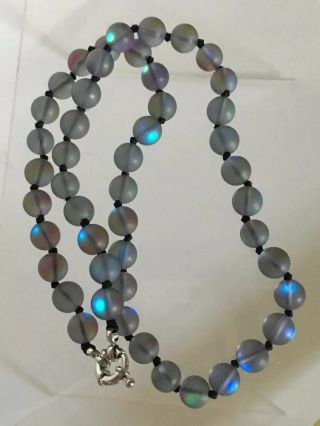 Vintage Gray Rainbow Opaque Moonstone Gemstone Bead Handknotted Necklace 18”