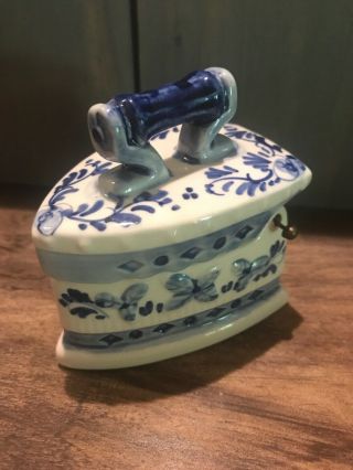 Vintage Dbl Hand Painted Delfts Blue Trinket Sugar Salt Box Lidded Iron Shape