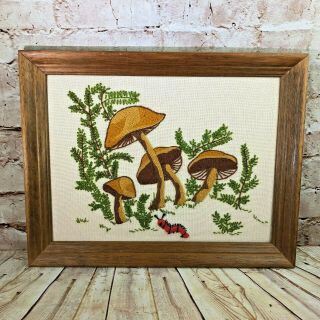 Vintage Mushroom Crewel Embroidery Framed Art 70s 18.  5 " X 14.  5 " Mid Century Mod
