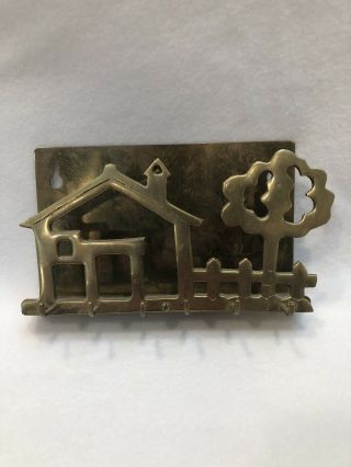 Vintage Brass Mail & Key Holder W/ 5 Hooks,  House & Tree Design Great Patina Euc