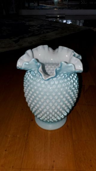 Vintage Fenton Opalescent Blue Hobnail Glass Ruffled Vase