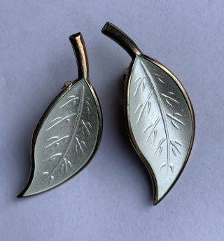 Vintage David Andersen White Enamel & Sterling Silver Leaf Clip On Earrings