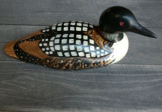 Hand Carved Loon Glass Eyes Signed Dated Wooden Bird Factory,  Rc Lookie