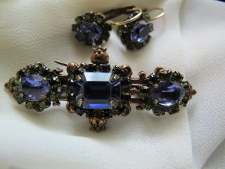Vintage Signed Liz Palacios Pin/earring Set Purple,  Green And Red Garnet Crystals