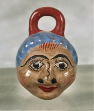 Small Vintage Mexican Tonala Burnished Pottery Head Bank 2 3/4 " T Blue Hat