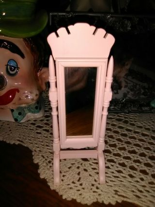 Dollhouse Miniature Mirror Standing Floor Model Pink Wood Frame