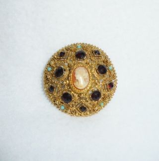 Florenza Vintage Signed Cameo - Rhinestone And Seed Pearl Brooch