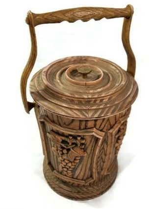 Vintage Faux Wood Look Insulated Ice Bucket W Lid Handle Grapevine Pattern Brown