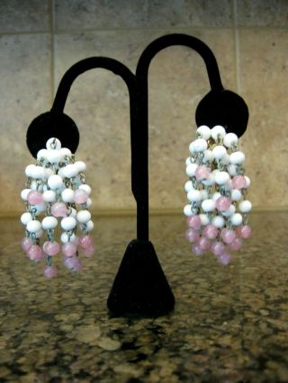 Vintage Pink & White Glass Beads Cha Cha Clip Earrings