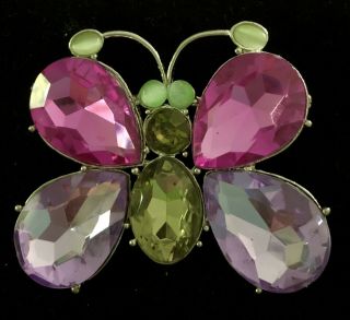 Lg Vintage Purple Green Pink Rhinestone Mardi Gras Butterfly Brooch Broach Pin