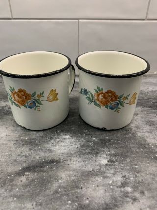 Enamel Tin Metal Coffee Tea Cups 12 Oz Camping Vintage Floral White Black Handle