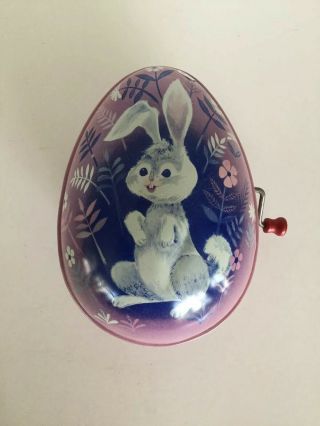 Vintage Mattel Tin Litho Easter Bunny Rabbit Egg Wind Up Music Box Toy