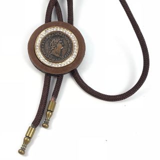 Vintage Brown Leather Bolo Tie Rhinestones And Coin Detail Shoelace Cord