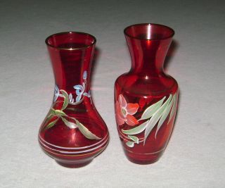 2 Vintage 1940 ' s Hand Painted Red Glass Vases 2