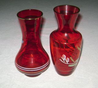 2 Vintage 1940 ' s Hand Painted Red Glass Vases 3