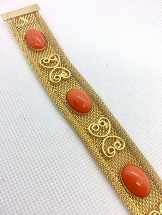 Mesh Faux Coral Cabochon Bracelet Ornate Gold Plated Vintage Jewelry