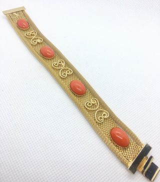 Mesh Faux Coral Cabochon Bracelet Ornate Gold Plated Vintage Jewelry 2