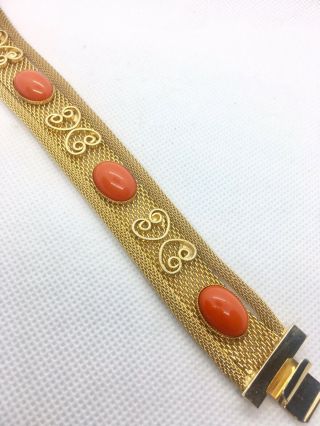 Mesh Faux Coral Cabochon Bracelet Ornate Gold Plated Vintage Jewelry 3