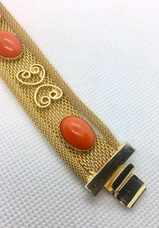 Mesh Faux Coral Cabochon Bracelet Ornate Gold Plated Vintage Jewelry 4
