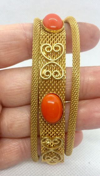 Mesh Faux Coral Cabochon Bracelet Ornate Gold Plated Vintage Jewelry 6