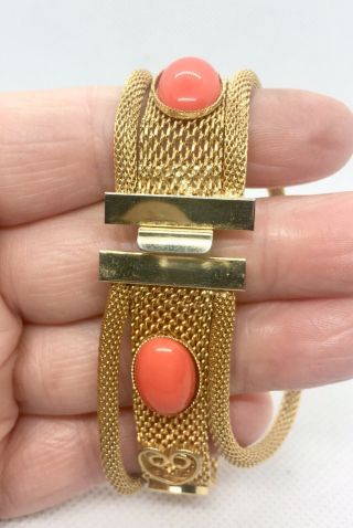 Mesh Faux Coral Cabochon Bracelet Ornate Gold Plated Vintage Jewelry 7
