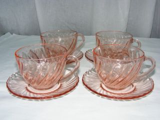 Vintage Pink Rosaline Pattern Swirl Glass Arcoroc France Set 4 Cups & Saucers