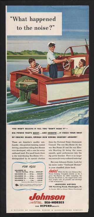 1955 Johnson Sea - Horses Boat Motors - Lake - Bayou - Swamp - Vintage Ad